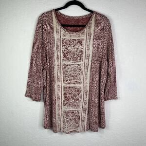 Lucky Brand Boho Pullover Plus size Blouse 3/4 sleeve, cotton blend, size 2X